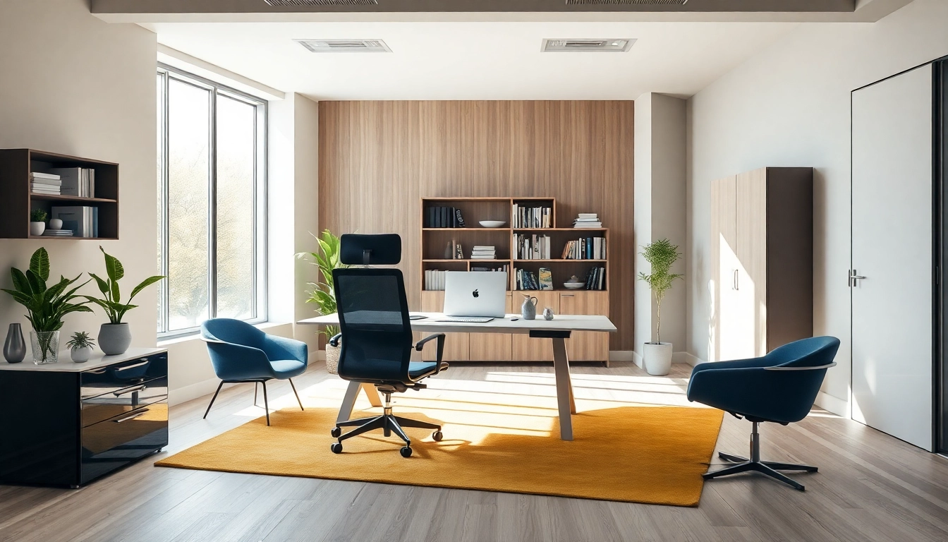 Moderne Büromöbel in einem stilvollen Arbeitsumfeld mit ergonomischem Design.