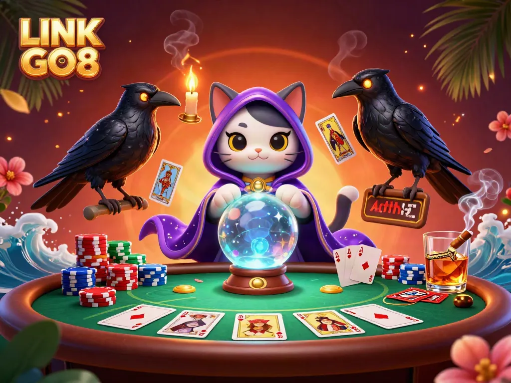 Engage with LINK GO8 through a captivating scene of mystical fortune tellers and poker elements.