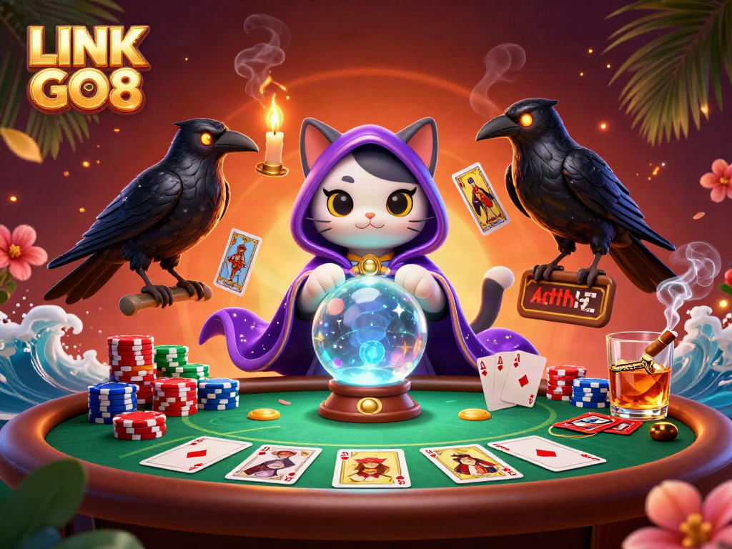 Engage with LINK GO8 through a captivating scene of mystical fortune tellers and poker elements.