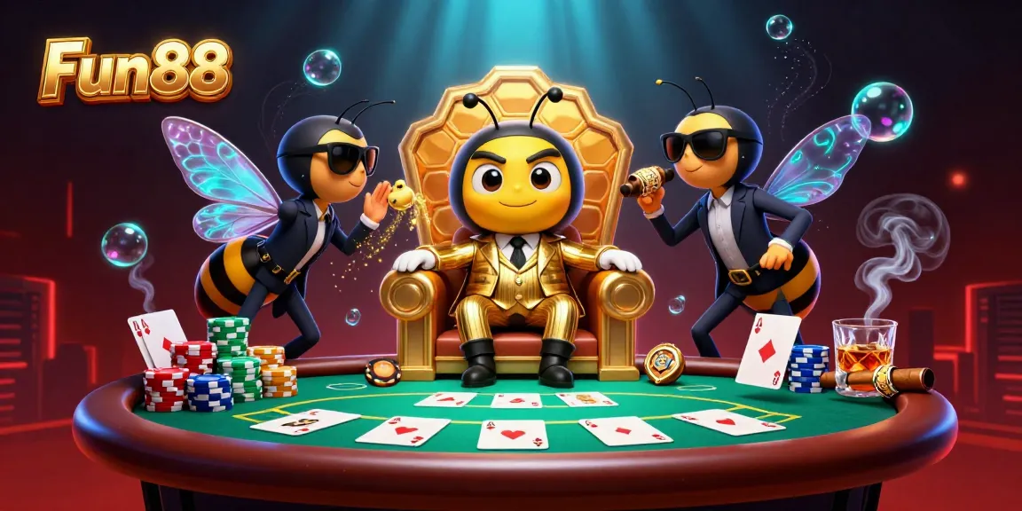 Experience Fun88's vibrant poker scene with a cartoon bumblebee mob boss and dynamic gaming elements.