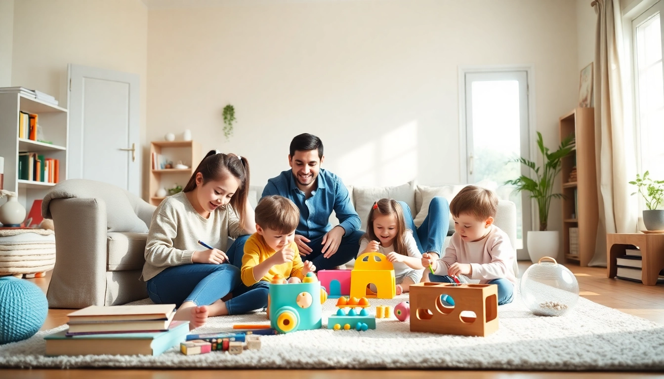 Kindererziehung in einer liebevollen Familie, wo Eltern aktiv mit ihren Kindern in einem einladenden Raum interagieren.