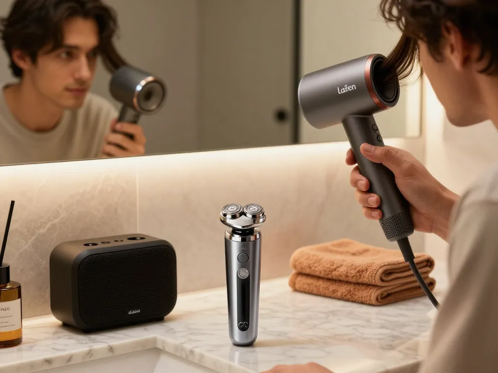 Mann, der einen Laifen NEO Haartrockner in einem modernen Luxus-Badezimmer benutzt.