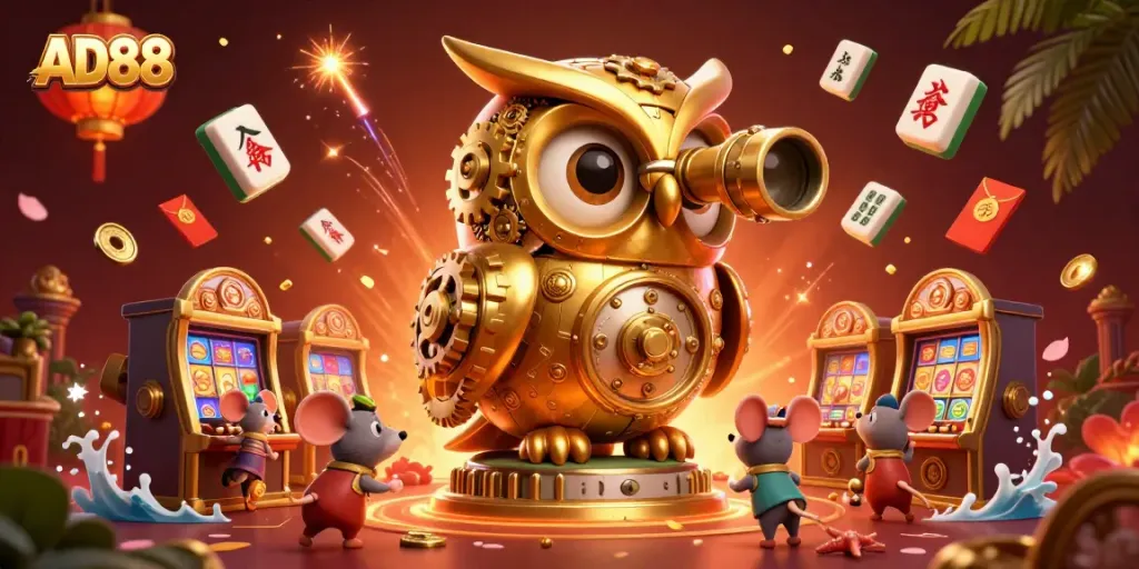 Experience the dynamic fun at AD88 with an ultra-detailed 3D illustration showcasing a vibrant casino atmosphere.