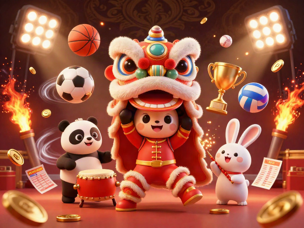 Experience the thrilling debet gaming environment with a vibrant celebration featuring a lion dance and dynamic sports elements.