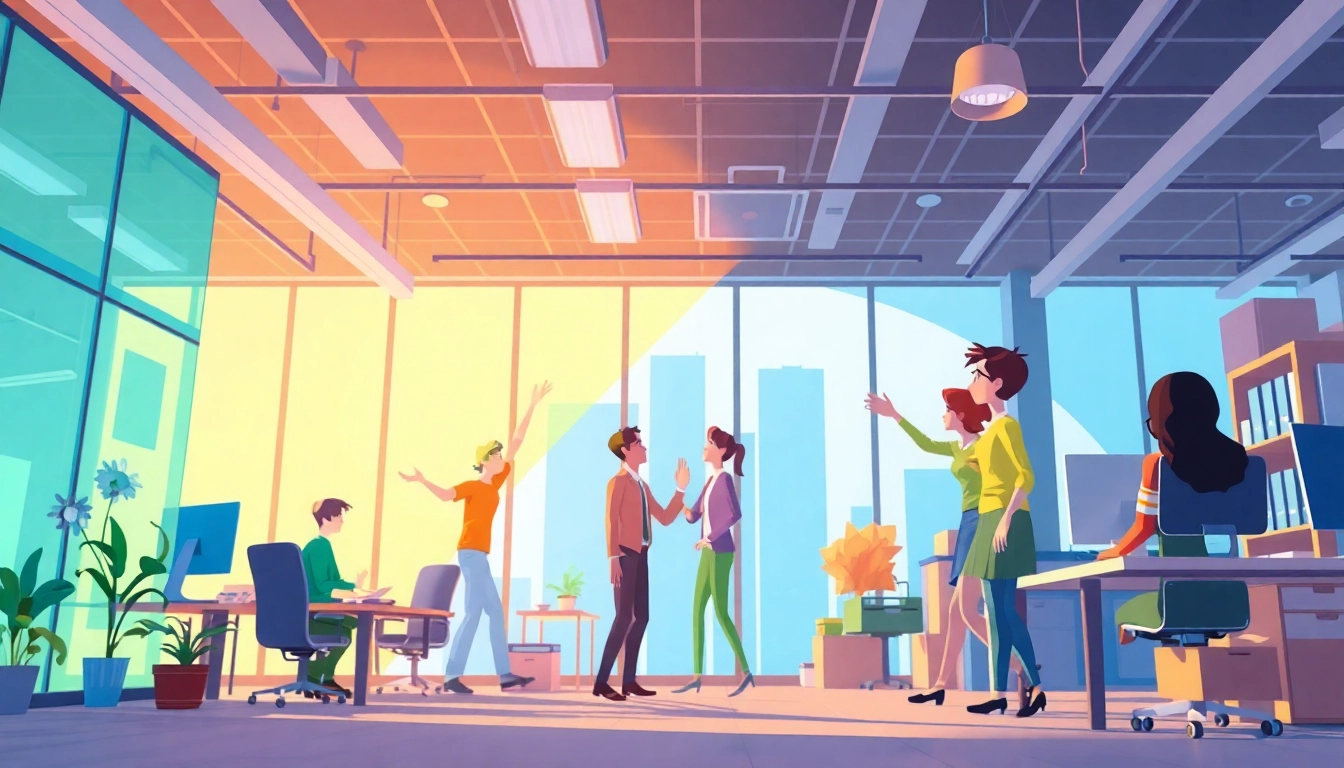 Unternehmensanimation illustrating a collaborative office scene with vibrant colors and engaging characters.