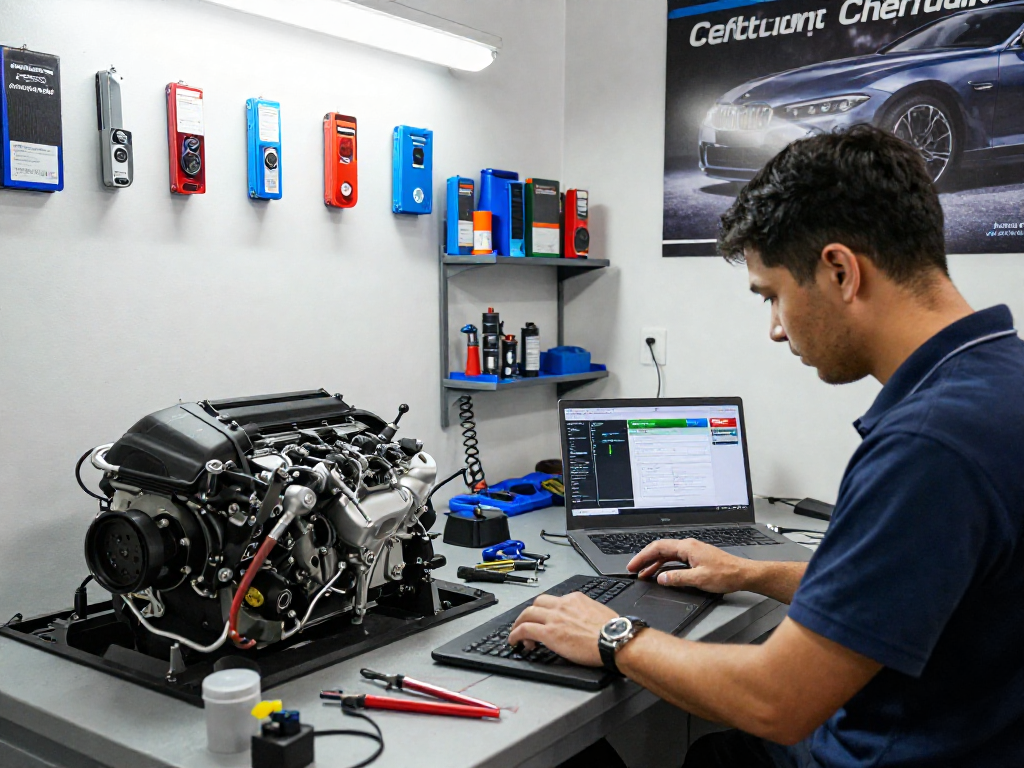 Chiptuning Hannover: Professioneller Techniker arbeitet an BMW Motor für Leistungsoptimierung.