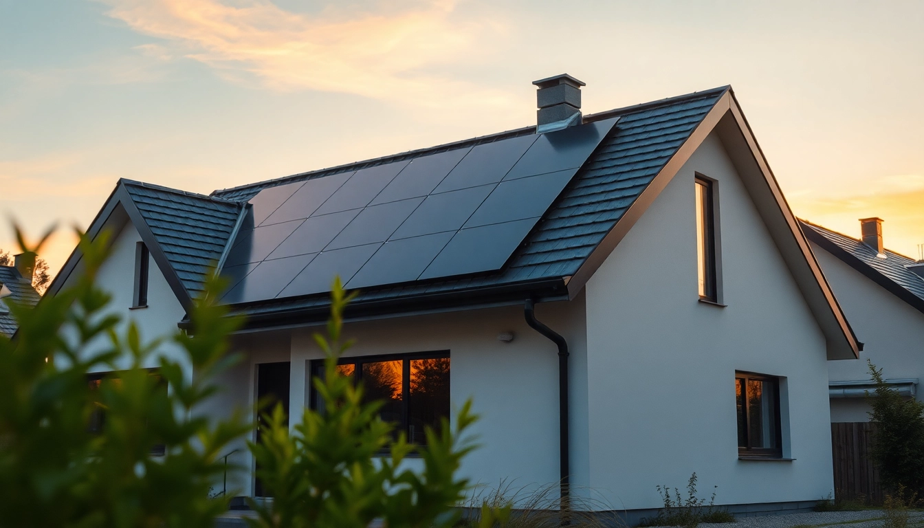 PV Module kaufen für Dach: Modernes Haus mit Solarpanels im Sonnenuntergang.