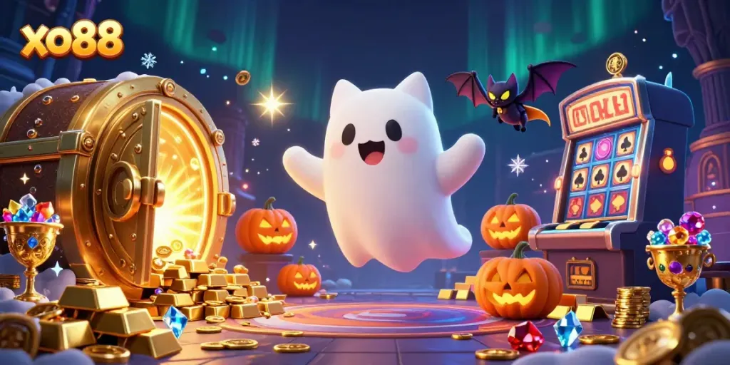 Experience the thrilling gaming atmosphere of xo88 at a haunted casino with ghostly characters and treasures.