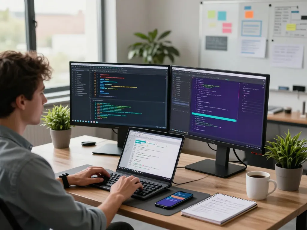 Developer using MoltBot AI in a modern workspace with coding interfaces and natural light.