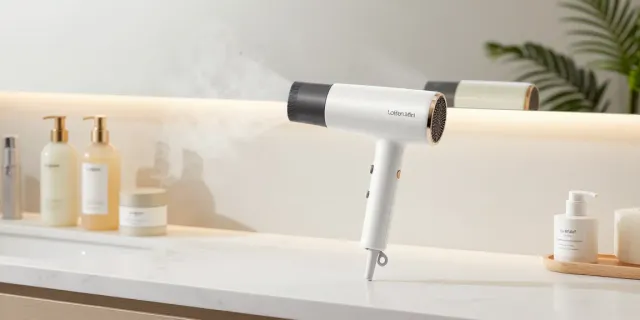 Laifen Mini haartrockner elegantly displayed on a countertop with haircare products.