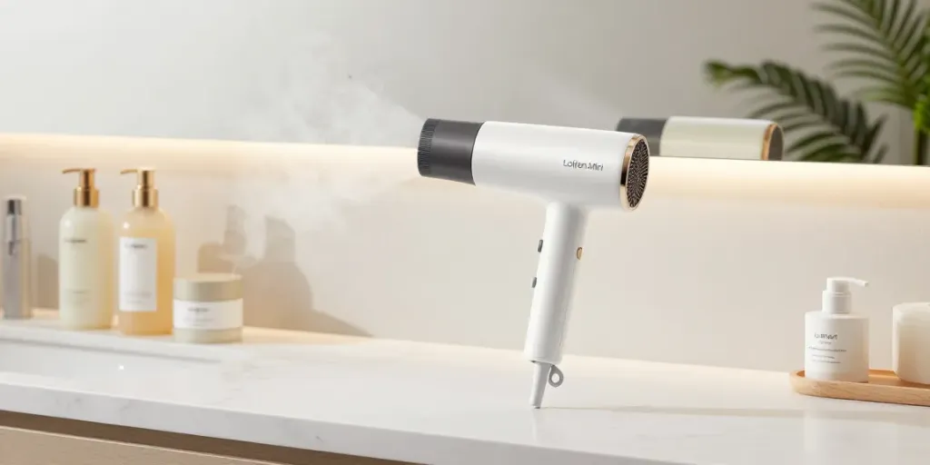Laifen Mini haartrockner elegantly displayed on a countertop with haircare products.