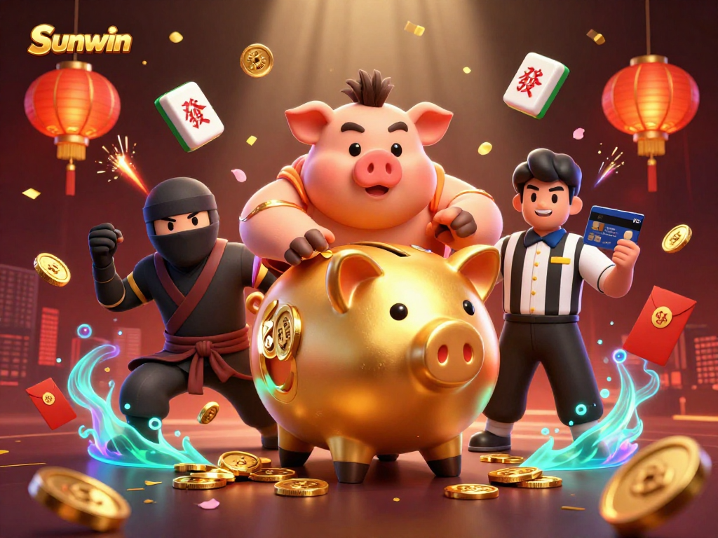 Experience the thrill at Sunwin with a golden sumo wrestler and dynamic casino elements.