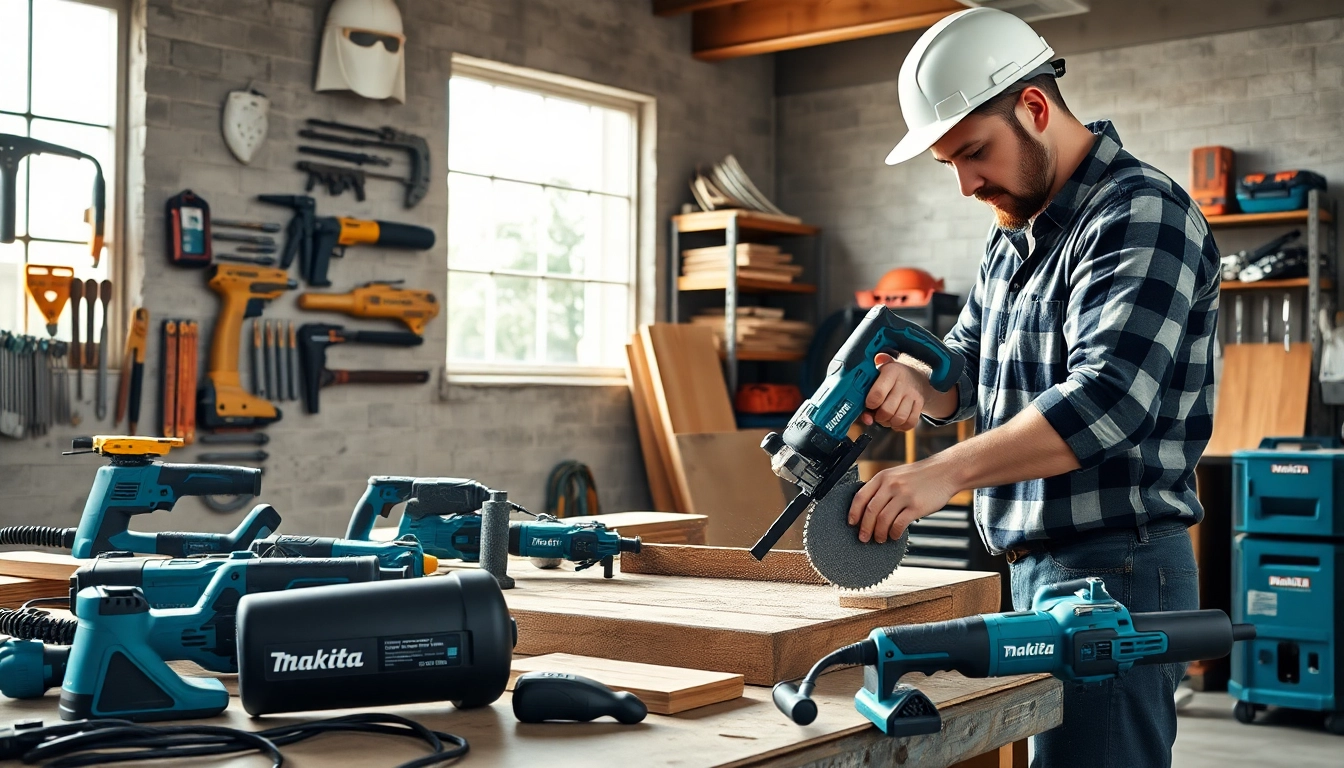 Professionelle Werkstatt mit Makita Elektrowerkzeugen in Aktion, die Werkzeuge und einen Handwerker zeigt.