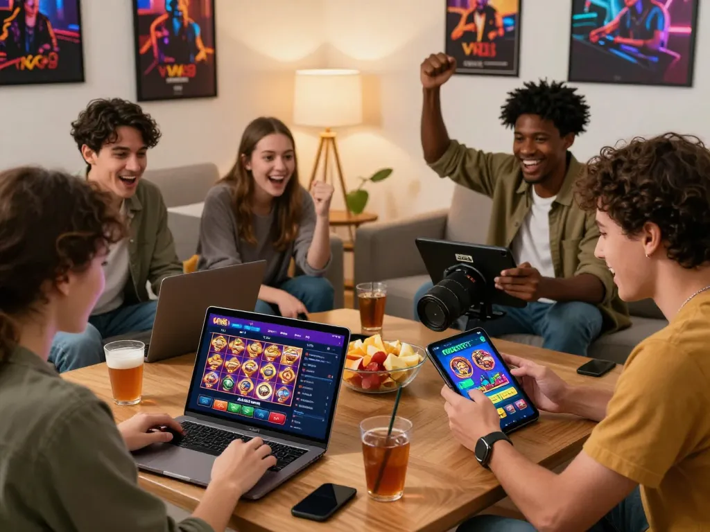 Players enjoying VN88's online gaming on devices, showcasing excitement and camaraderie in a cozy living room.