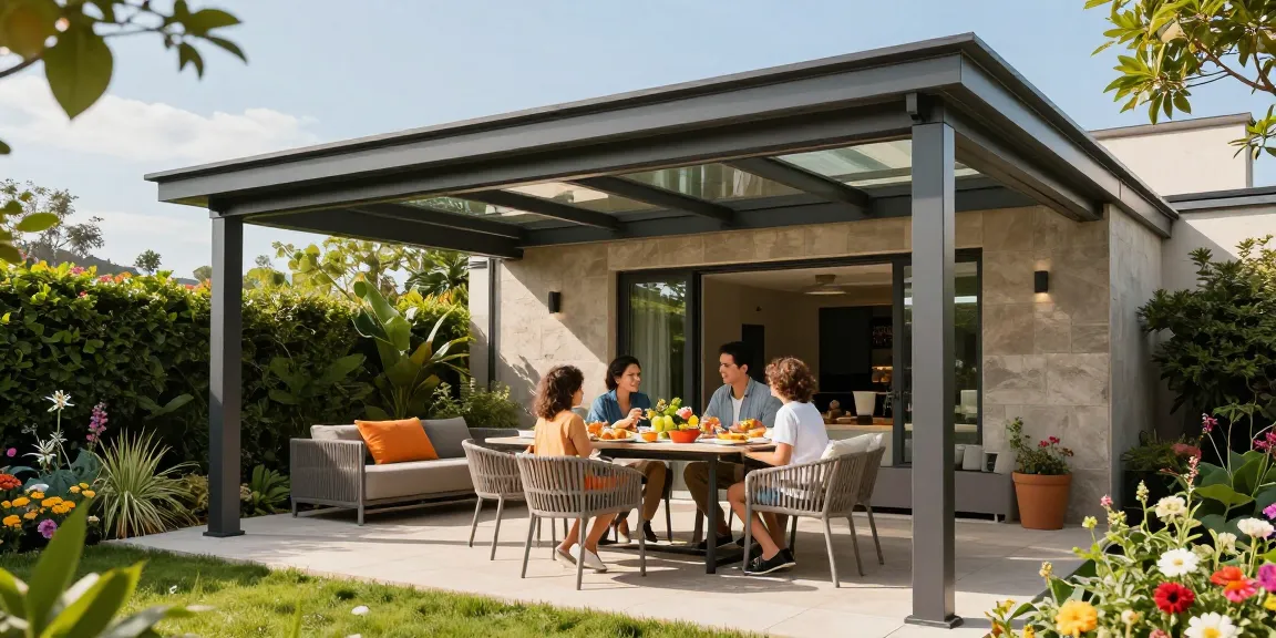 Terrassenüberdachung freistehend in einem einladenden Garten mit Familie, die ein Essen genießt.