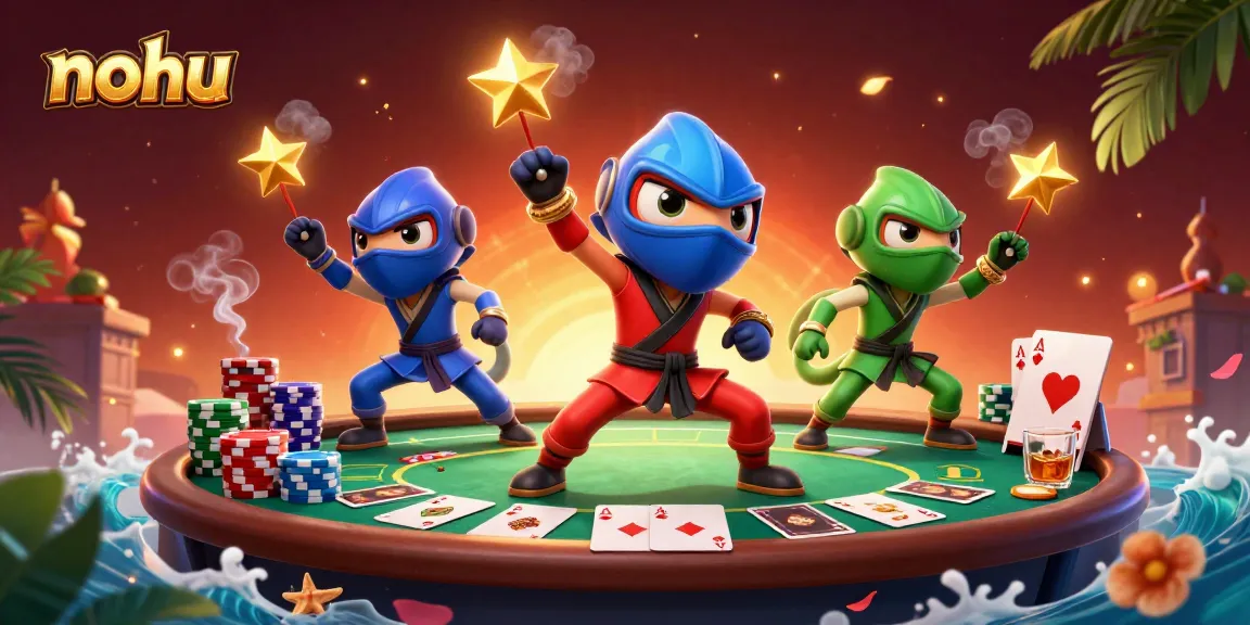 Nohu players enjoy high-stakes poker with ninja chameleons in an action-packed casino scene.