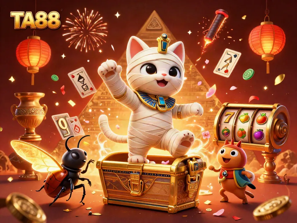 Experience the thrill of TA88 with a dynamic 3D illustration of an Egyptian mummy cat in a casino