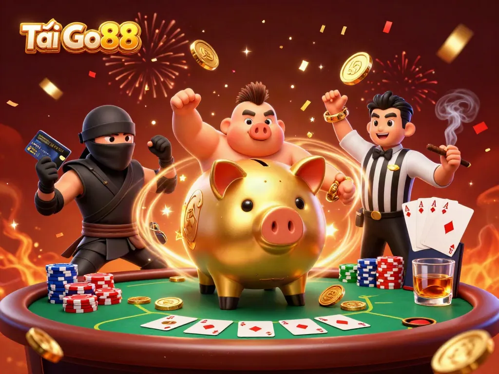 Engage with Tải Go88 through an action-packed casino showdown featuring vibrant characters and elements.
