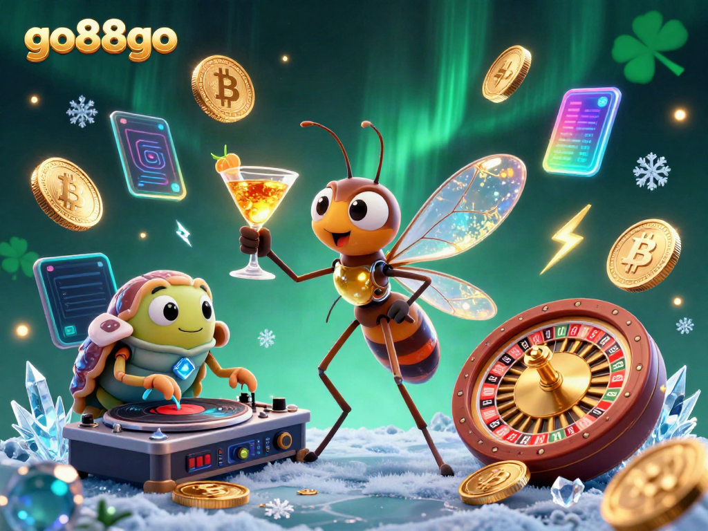 Experience the thrill of go88go with a vibrant casino scene featuring unique 3D characters and crypto elements.
