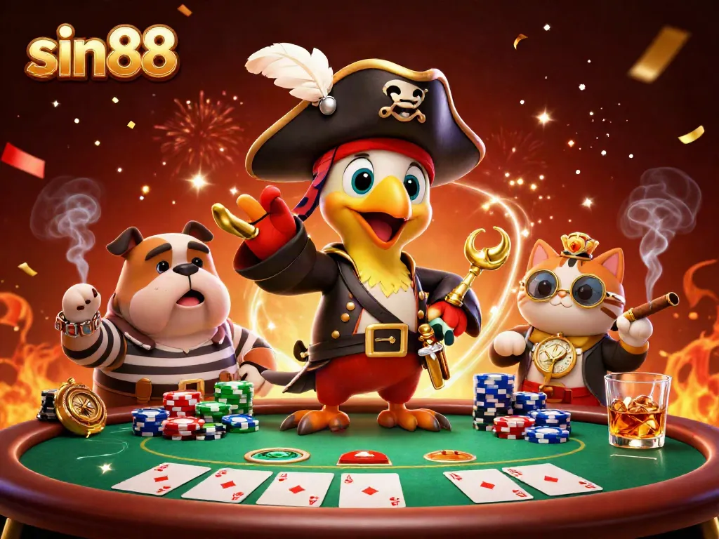 Experience thrilling gameplay with sin88 in this vibrant casino scene featuring poker characters and colorful chips.