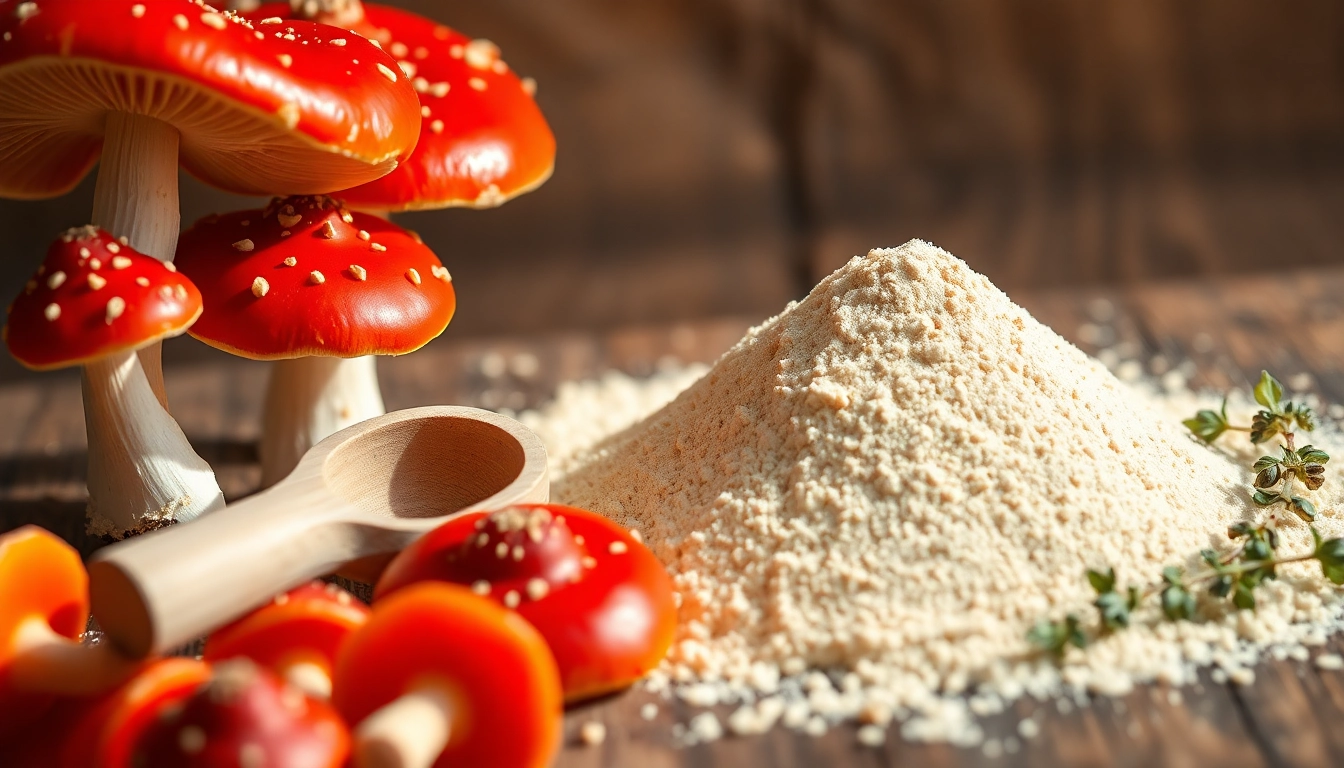 Fliegenpilz pulver präsentiert in einer rustikalen Atmosphäre mit roten Amanita muscaria.