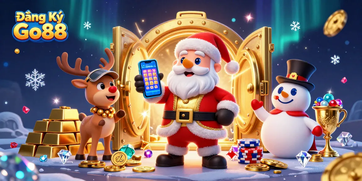 Experience Đăng Ký Go88 with a festive 3D casino scene featuring Santa and friends playing slots.