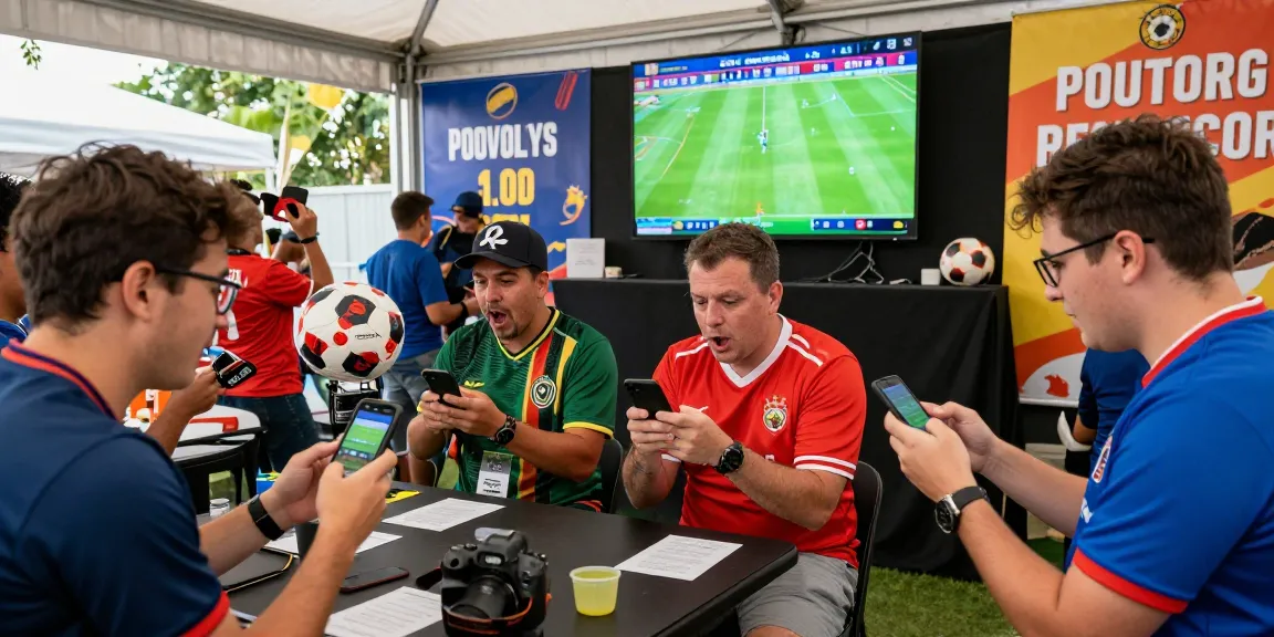 Wetten Fußball bei einem Live-Event mit Fans, die auf Mobilgeräten wetten und Teams anfeuern.