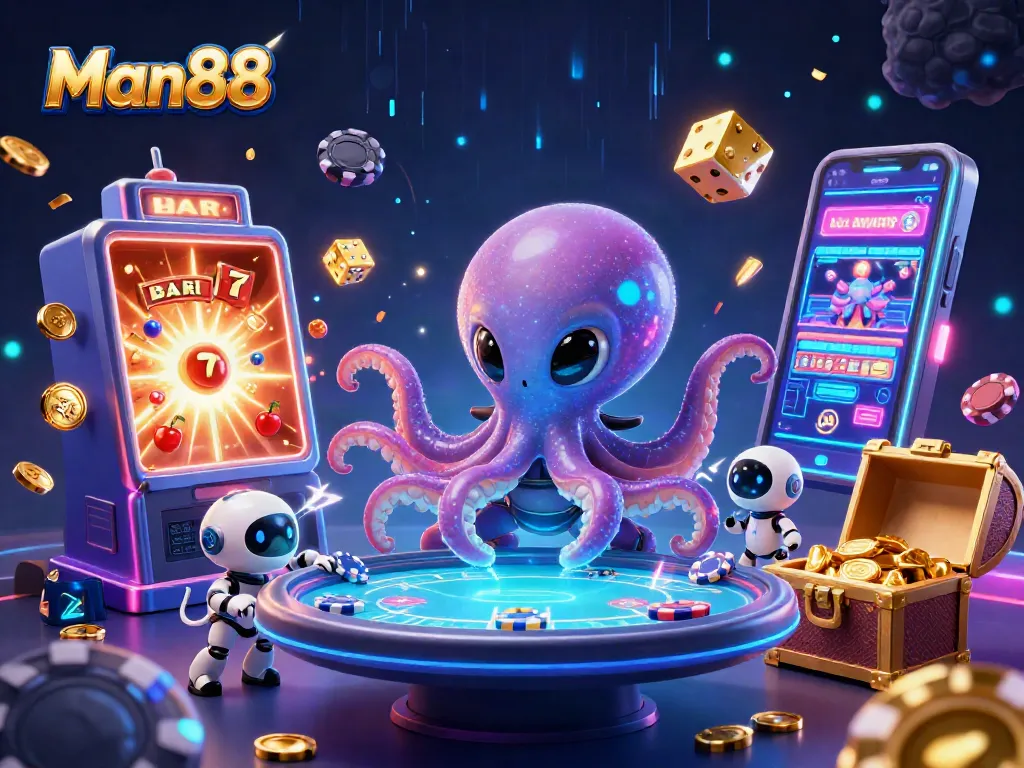 Experience thrilling gameplay at Man88 with an alien octopus overseeing a dynamic poker table surrounded by vibrant casino elements.