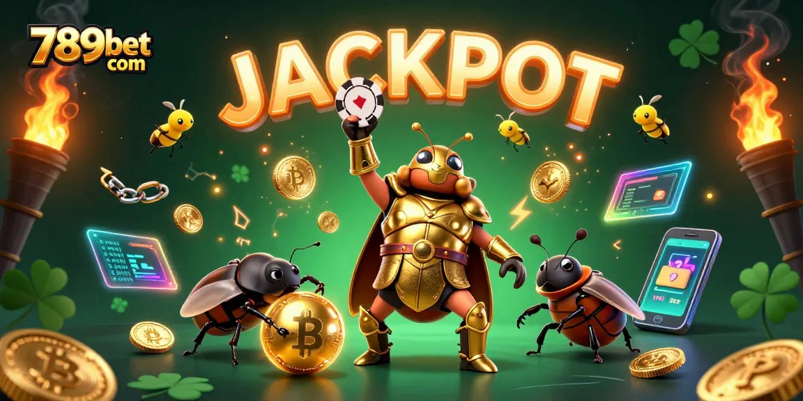 Play and win at 789bet com with a victorious beetle mascot celebrating jackpot with crypto elements.
