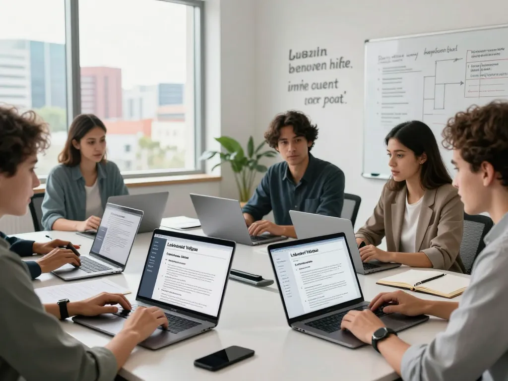 Kollaborative Fachleute erstellen Lebenslauf Vorlagen mit Laptops in einem hellen, modernen Arbeitsbereich.