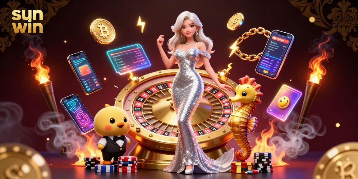 Play thrilling games with sun win while exploring the vibrant casino atmosphere featured in this dynamic illustration.