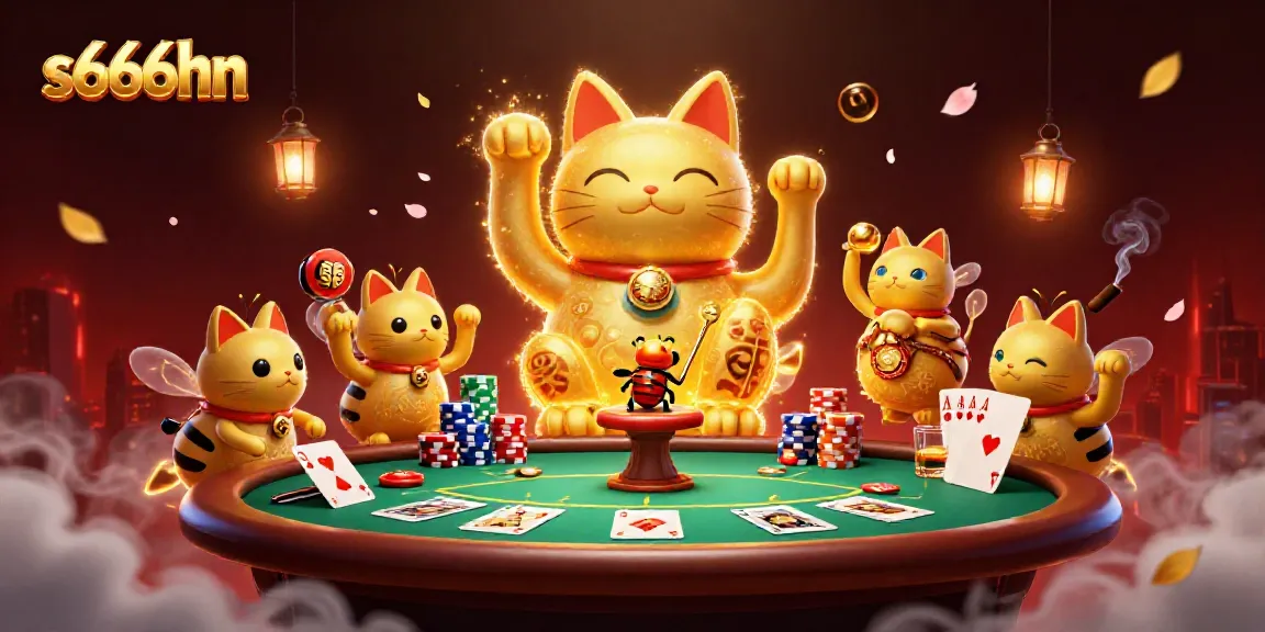 Engage in exhilarating gaming with s666hn as lucky cat symbols swirl around poker elements.