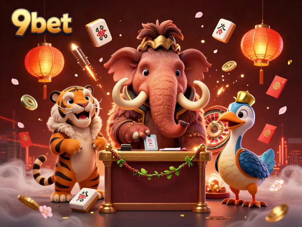 Experience the excitement of 9bet with a woolly mammoth bouncer, saber-tooth tiger guest, and festive casino atmosphere.