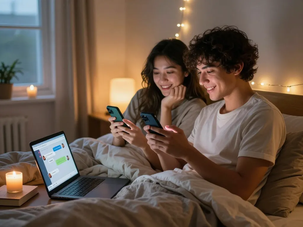 Couple using sexting ai in a cozy bedroom setting at dusk, showcasing modern romance and intimacy.