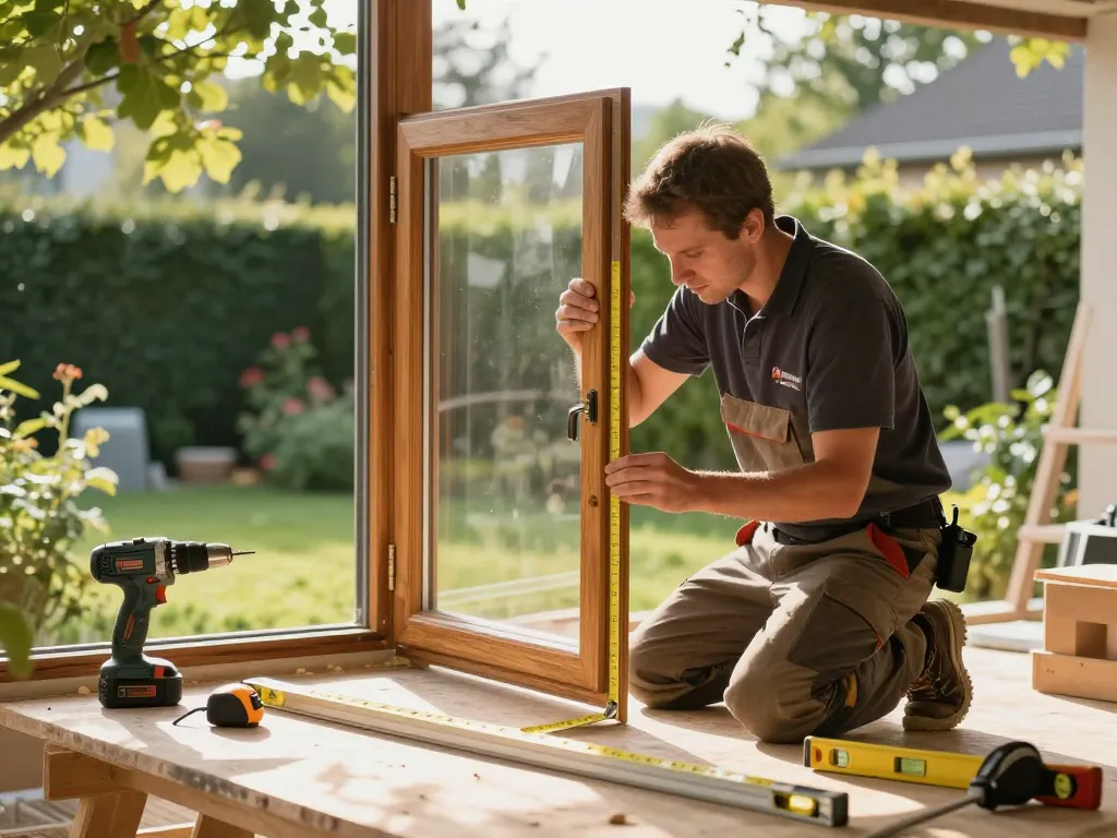 Professioneller Fensterinstallateur in Bonn misst ein vintage Holzfenster während der Renovierung.