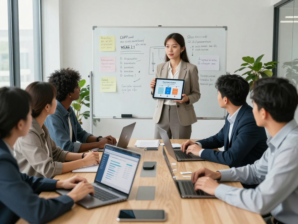Branchenlösungen – Überblick über praxisorientierte Datenschutz- und Barrierefreiheitslösungen in einem modernen Büro.