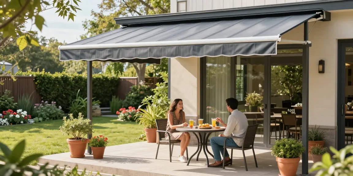 Elegante Terrassenüberdachungen mit einem Paar, das auf der gemütlichen Außenterrasse entspannt.