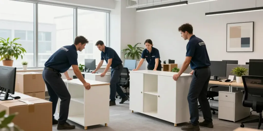 Büroräumung Wien: Professionelles Team beim Aufräumen eines modernen Büros mit Pflanzen und natürlichem Licht.
