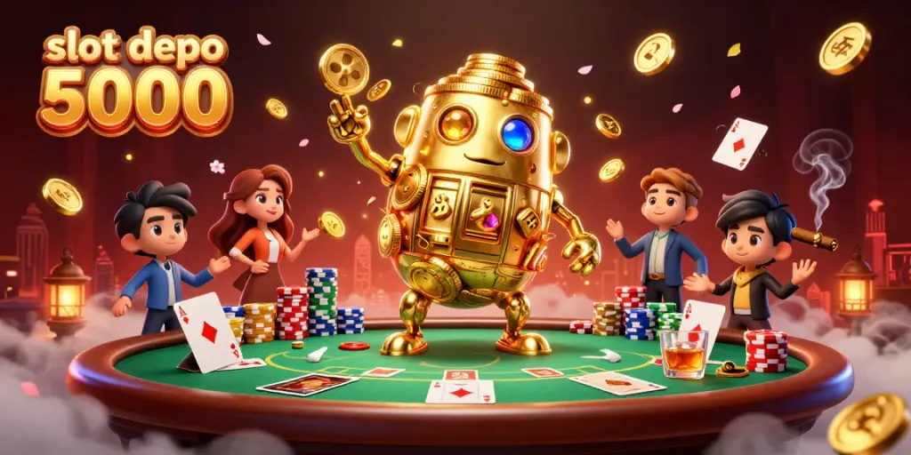 Engage with exciting gameplay at slot depo 5000 featuring a golden golem surrounded by vibrant casino elements.