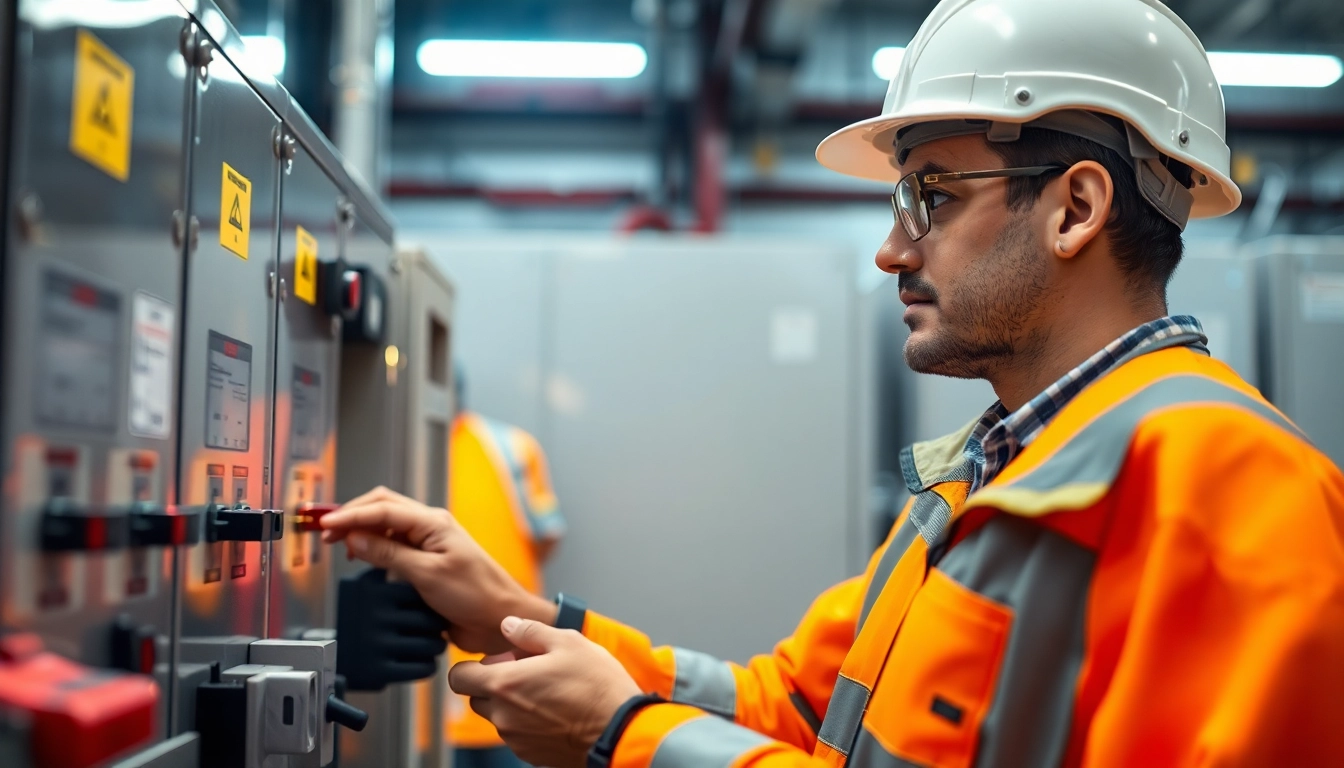 Technician conducting a DGUV V3 Prüfung on electrical equipment to ensure workplace safety.