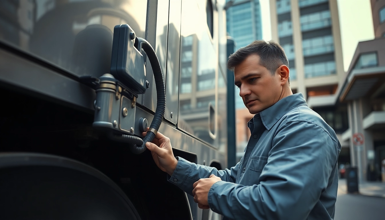 Lkw Gutachten Augsburg zeigt eine professionelle Inspektion eines Lkw durch einen Techniker im urbanen Umfeld.