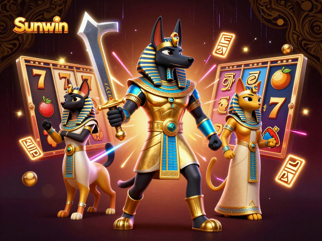 Sunwin engages players with slot reels and vibrant symbols in an exciting casino scene.