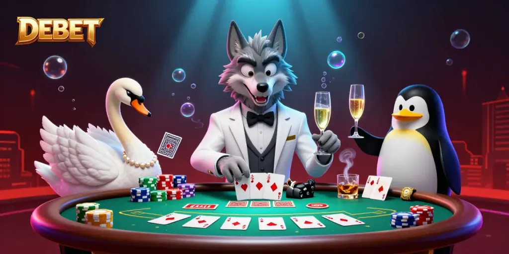 DEBET showcasing a thrilling baccarat scene with vibrant characters and dynamic casino elements.