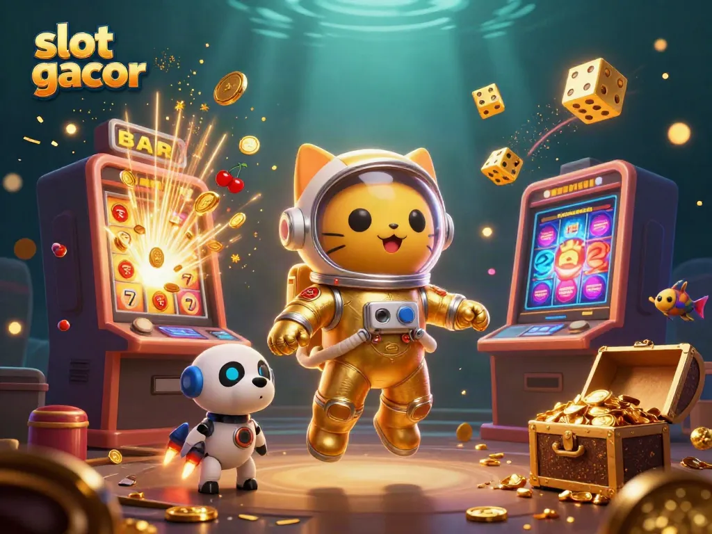 Experience the excitement of slot gacor with a cosmic illustration featuring a golden space cat and jackpot symbols.