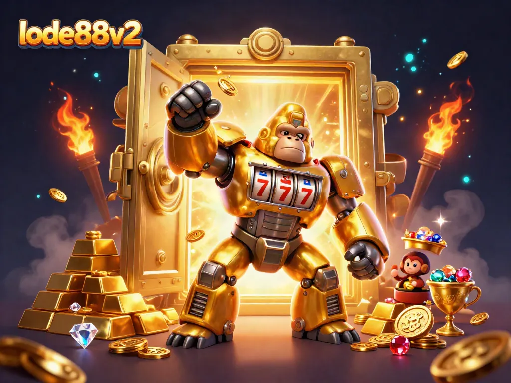 Join the excitement with lode88v2's golden gorilla mech amidst a treasure-filled casino scene.
