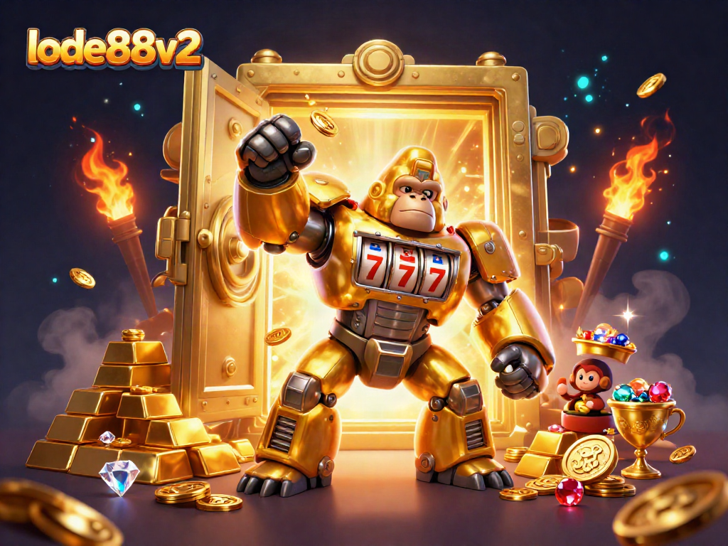 Join the excitement with lode88v2's golden gorilla mech amidst a treasure-filled casino scene.