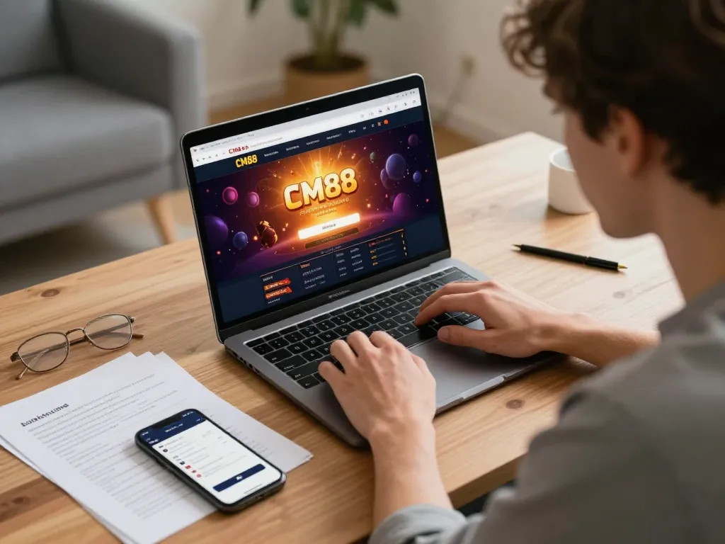 Engaging player using CM88 for online gambling, showcasing strategic notes and smartphone.