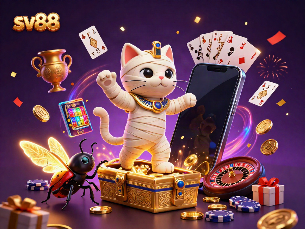 Experience sv88 online gaming excitement with a cartoon mummy cat, glowing scarab, and rich casino elements.