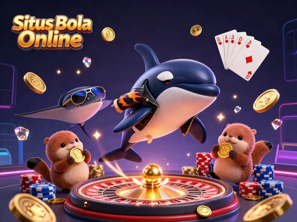 Situs Bola Online showcases a fun cartoon scene with a jumping whale, a cool stingray, and otters holding coins, surrounded by shimmering casino elements.