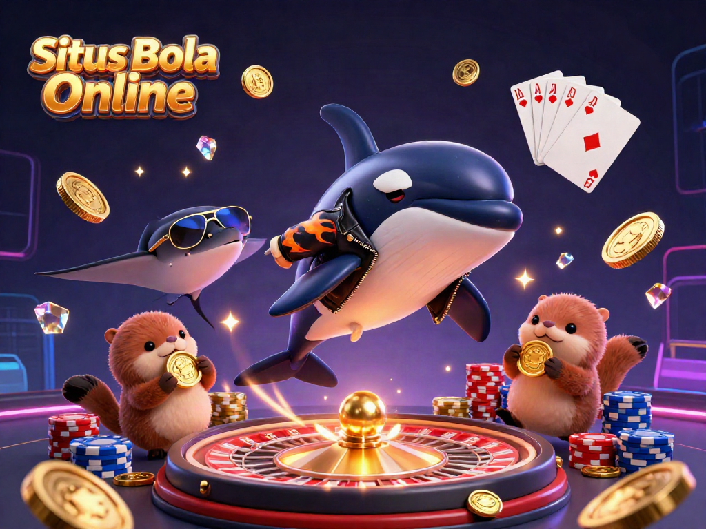 Situs Bola Online showcases a fun cartoon scene with a jumping whale, a cool stingray, and otters holding coins, surrounded by shimmering casino elements.